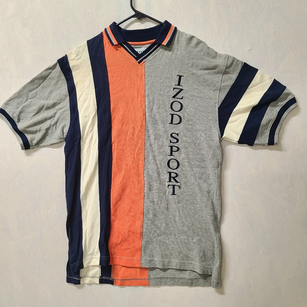 Vintage 90s  IZOD Polo Mens Shirt Small  W/ Wide  Stripes Black White  Orange